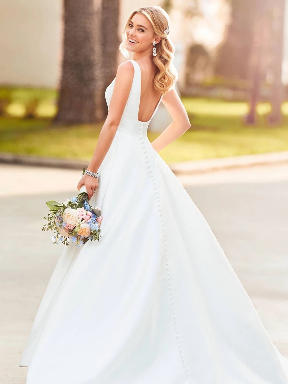 Classic White Sleeveless V-Back Bridal Gown